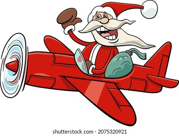 Cartoon illustration of Santa Claus character in the plane with sack of presents on Christmas time