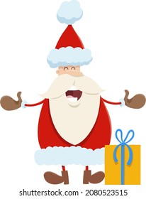 Cartoon illustration of Santa Claus character singing a carol on Christmas time