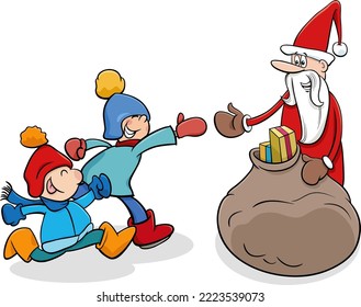 Cartoon illustration of Santa Claus character with giving Christmas presents to children