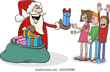 Cartoon-Illustration des Charakters des Weihnachtsmanns mit einem Sack von Weihnachtsgeschenken und Kindern