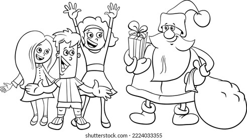 Cartoon-Illustration des Charakters des Weihnachtsmannes mit Sack von Geschenken und Kindern zu Weihnachten