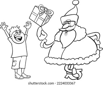 Cartoon-Illustration des Santa Claus-Charakters mit Geschenk an kleinen Jungen zu Weihnachtszeit