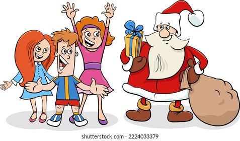 Cartoon-Illustration des Charakters des Weihnachtsmannes mit Sack von Geschenken und Kindern zu Weihnachten