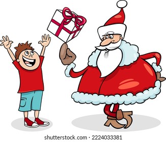 Cartoon-Illustration des Santa Claus-Charakters mit Geschenk an kleinen Jungen zu Weihnachtszeit