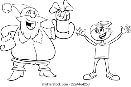 Cartoon-Illustration des Charakters des Weihnachtsmanns, die dem kleinen Jungen auf der weihnachtlichen Farbseite ein Geschenk macht