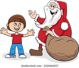 Cartoon-Illustration des Charakters des Weihnachtsmanns mit einem Sack von Weihnachtsgeschenken und einem kleinen Jungen