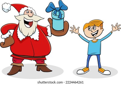 Cartoon-Illustration des Charakters des Weihnachtsmanns, der dem kleinen Jungen zu Weihnachten ein Geschenk schenkt