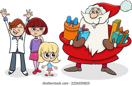 Cartoon illustration of Santa Claus character giving Christmas presents to children