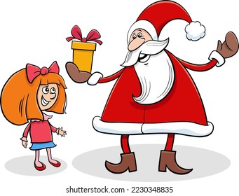 Cartoon illustration of Santa Claus character giving Christmas presents to a little girl