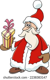 Cartoon illustration of Santa Claus character with gift on Christmas time