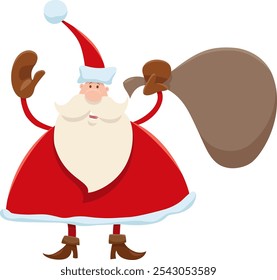 Cartoon illustration of Santa Claus character on Christmas time with sack of gifts