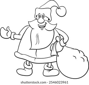 Ilustración de dibujos animados del personaje de Santa Claus con saco de regalos de Navidad para colorear