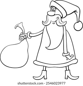 Cartoon illustration of Santa Claus character with sack of  Christmas presents coloring page