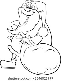 Cartoon illustration of Santa Claus character with sack of  Christmas gifts coloring page
