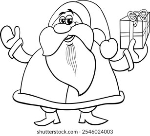 Cartoon illustration of Santa Claus character with a gift on Christmas time coloring page