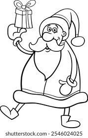 Cartoon illustration of Santa Claus character with Christmas gift coloring page