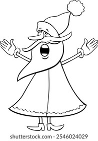 Cartoon illustration of Santa Claus character singing a carol on Christmas time coloring page