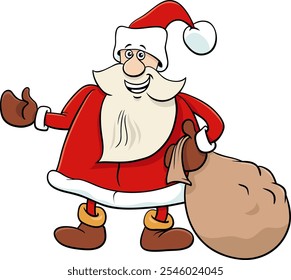 Ilustración de dibujos animados del personaje de Santa Claus con saco de regalos de Navidad