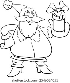 Cartoon illustration of Santa Claus character with Christmas present coloring page