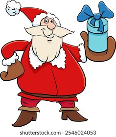 Cartoon illustration of Santa Claus character with Christmas present