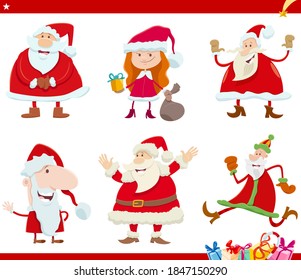 Cartoon illustration of Santa Claus characters on Christmas time set