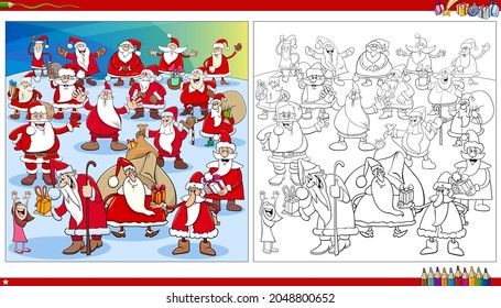 Cartoon-Illustration der Gruppe der Santa Claus-Charaktere auf der Seite mit dem Weihnachtsfarbenbuch