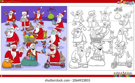 Cartoon-Illustration der Gruppe der Santa Claus-Charaktere auf der Seite mit dem Weihnachtsfarbenbuch