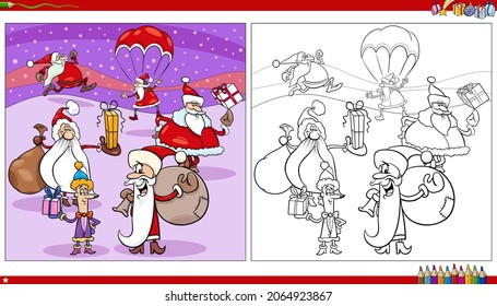 Cartoon-Illustration von Charakteren des Weihnachtsmanns mit Geschenken auf der Seite mit dem Weihnachtsfarbenbuch