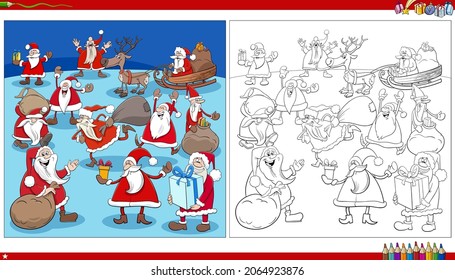 Cartoon-Illustration von Charakteren des Weihnachtsmanns auf der Seite mit dem Malbuch zur Weihnachtszeit