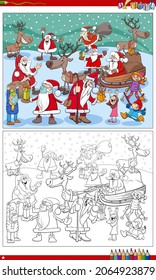 Cartoon-Illustration von Charakteren des Weihnachtsmanns mit Kindern auf der Seite mit dem Weihnachtsfarbenbuch