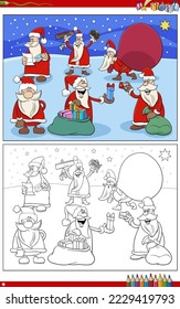 Cartoon illustration of Santa Claus characters on Christmas time coloring page