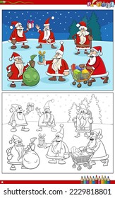 Cartoon illustration of Santa Claus characters on Christmas time coloring page