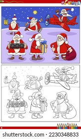 Cartoon illustration of Santa Claus characters on Christmas time coloring page