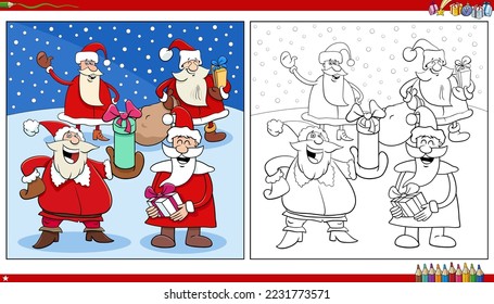 Cartoon illustration of Santa Claus characters on Christmas time coloring page