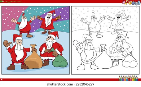 Cartoon illustration of Santa Claus characters on Christmas time coloring page