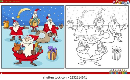 Cartoon illustration of Santa Claus characters on Christmas time coloring page