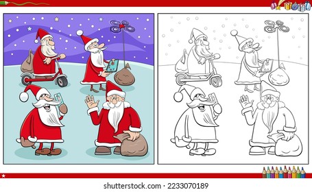 Cartoon illustration of Santa Claus characters on Christmas time coloring page