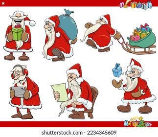 Cartoon illustration of Santa Claus characters set on Christmas time