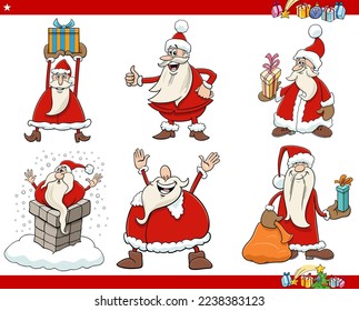 Cartoon illustration of Santa Claus characters on Christmas time set