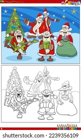 Cartoon illustration of Santa Claus characters on Christmas time coloring page