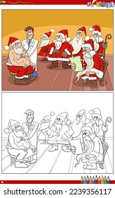 Cartoon illustration of Santa Claus characters on Christmas time at the doctor coloring page