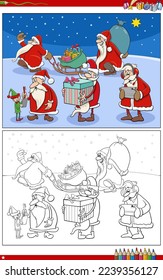 Cartoon illustration of Santa Claus characters with Christmas gifts coloring page