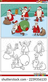 Cartoon illustration of Santa Claus characters with Christmas presents coloring page