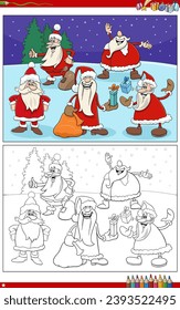 Cartoon illustration of Santa Claus characters on Christmas time coloring page