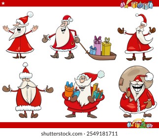 Cartoon illustration of Santa Claus characters on Christmas time set