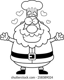 A cartoon illustration of a Santa Claus chef ready to give a hug.