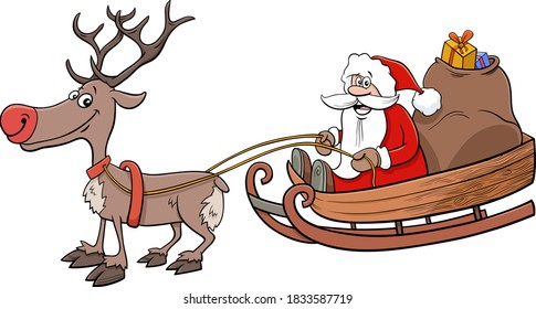 Cartoon Illustration of Santa Claus Christmas Character on Sleigh with Sack of Presents and Reindeer