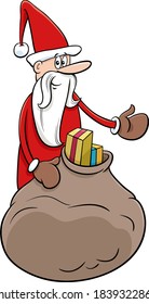 Cartoon illustration of Santa Claus Christmas character with sack of presents