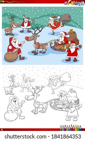 Cartoon Illustration of Santa Claus Christmas characters coloring book page