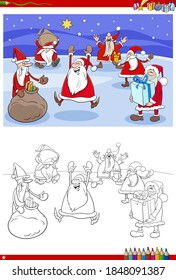 Cartoon Illustration of Santa Claus Christmas characters group coloring book page